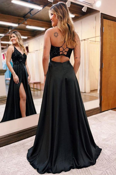 A-Line V-Neck Corset Back Long Prom Dress Split Evening Dress – Tirdress