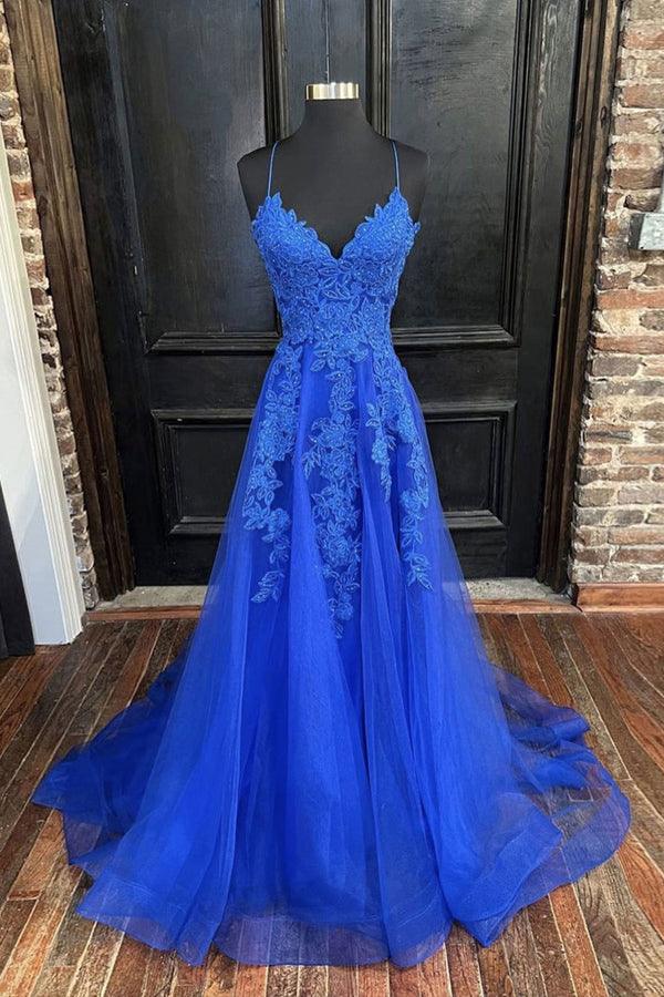 A-Line V Neck Straps Tulle Royal Blue Prom Dress With Appliques TP1186 - Tirdress