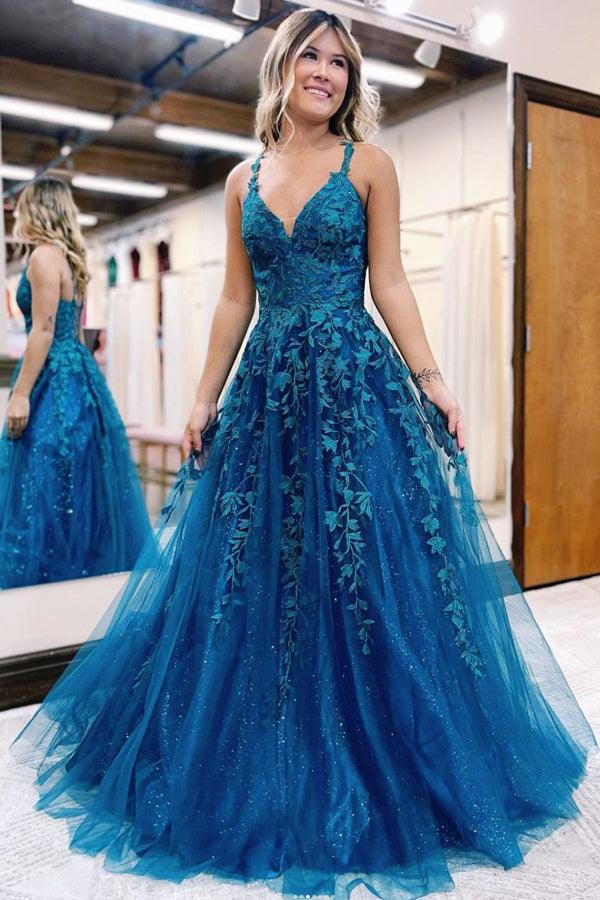 A-Line V Neck Tulle Lace Long Prom Dress Blue Tulle Lace Evening Dress TP1196 - Tirdress