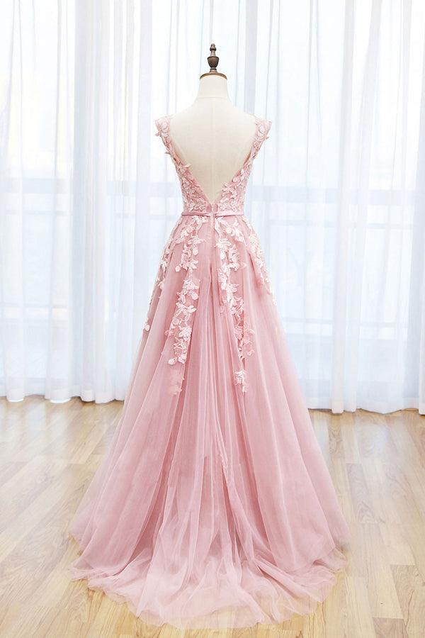 A-line Lace Pink Long Prom Dress Lace V Neck Formal Dress TP1137 - Tirdress