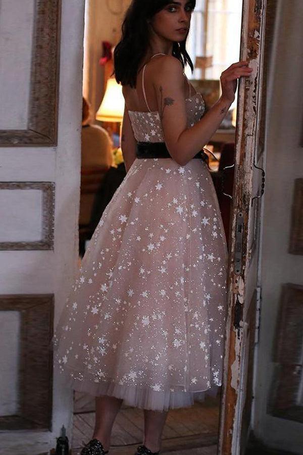 A Line Spaghetti Straps Tea Length Pearl Pink Prom Dress With Stars TP0860 - Tirdress