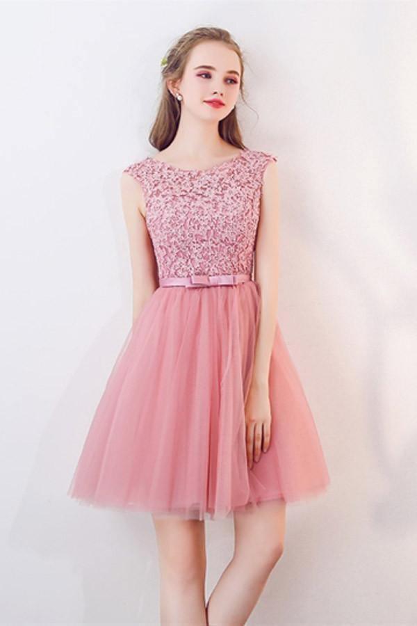 A-Line Cap Sleeves Appliques Bowknot Crystal Sashes Homecoming Dress PG154 - Tirdress