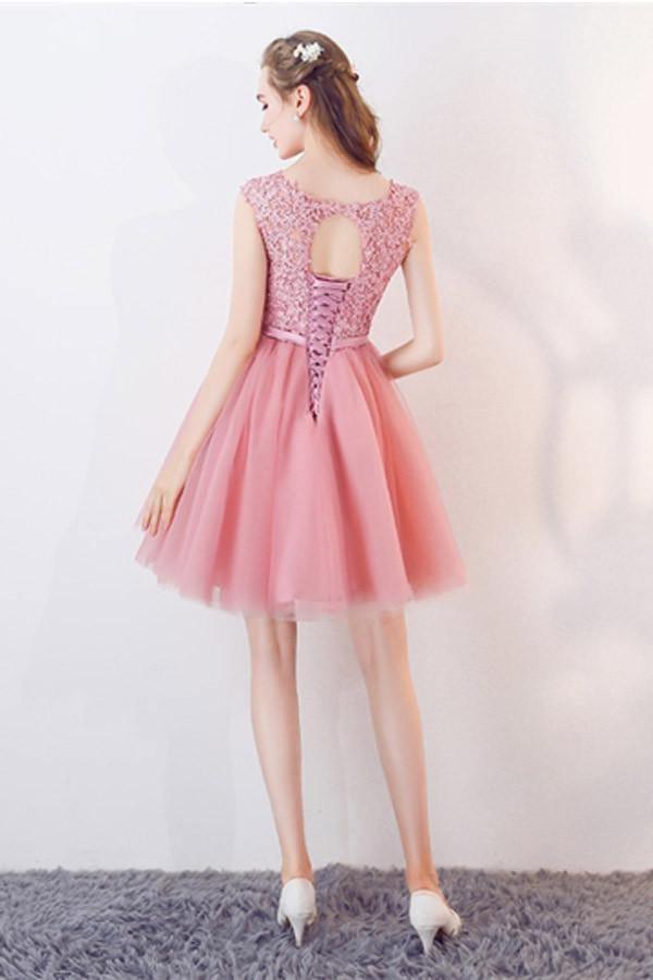 A-Line Cap Sleeves Appliques Bowknot Crystal Sashes Homecoming Dress PG154 - Tirdress
