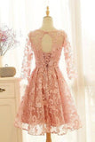 A-Line Crew Knee-Length 3/4 Sleeves Pink Lace Homecoming Dress TR0194 - Tirdress