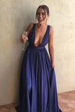 A-Line Deep V-Neck Backless Navy Blue Stretch Chiffon Prom Dress TP0045