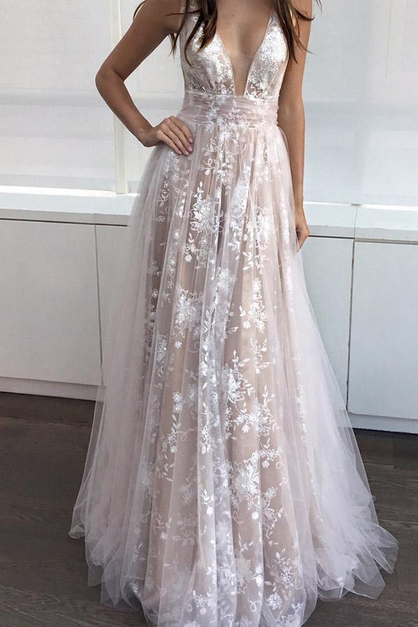 A-Line Deep V-Neck Floor-length Sleeveless Tulle Prom Dress Evening Dress PG403 - Tirdress