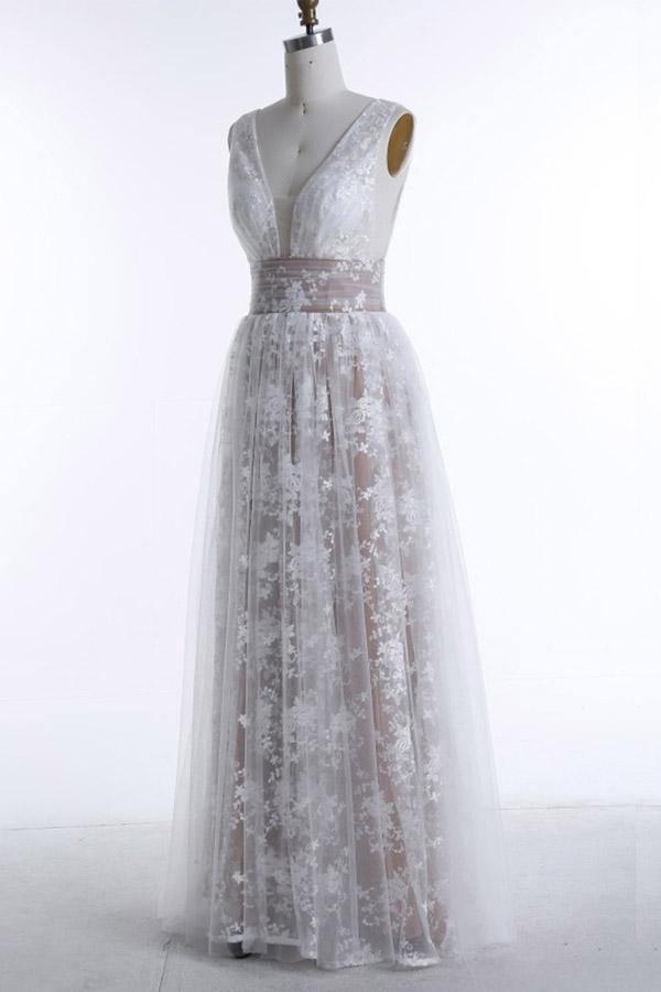 A-Line Deep V-Neck Floor-length Sleeveless Tulle Prom Dress Evening Dress PG403 - Tirdress