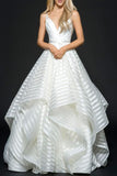 A-Line Deep V-Neck Sleeveless Backless Stripes Organza Wedding Dress TN0092 - Tirdress