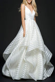 A-Line Deep V-Neck Sleeveless Backless Stripes Organza Wedding Dress TN0092 - Tirdress