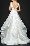 A-Line Deep V-Neck Sleeveless Backless Stripes Organza Wedding Dress TN0092 - Tirdress