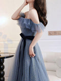 A-Line Gray Blue Off The Shoulder Long Prom Dress Sparkly Evening Dress TP1068 - Tirdress