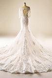 A-Line Half Sleeve Mermaid Lace Beaded Wedding Dress With Appliques TN0098 - Tirdress