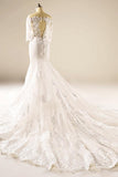 A-Line Half Sleeve Mermaid Lace Beaded Wedding Dress With Appliques TN0098 - Tirdress