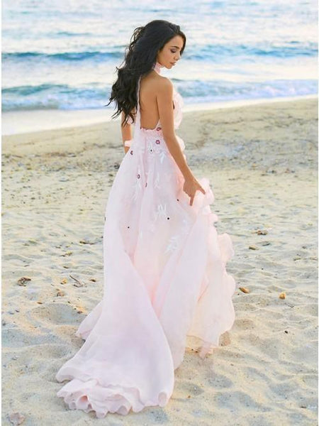 A-Line Halter Backless Light Pink Chiffon Beach Wedding Dress TN253 US12 / Pink A-Line Halter Backless Light Pink Chiffon Beach Wedding Dress TN253 US12 / Pink
