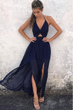A-Line Halter Floor-Length Backless Navy Blue Chiffon Prom Dress PG382 - Tirdress