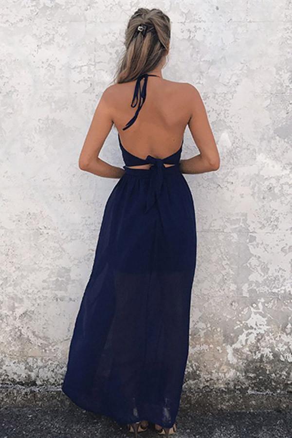 A-Line Halter Floor-Length Backless Navy Blue Chiffon Prom Dress PG382 - Tirdress