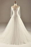 A-Line Long Sleeve Waist Lace Beaded Wedding Dress Court Train TN0099 - Tirdress