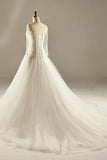 A-Line Long Sleeve Waist Lace Beaded Wedding Dress Court Train TN0099 - Tirdress