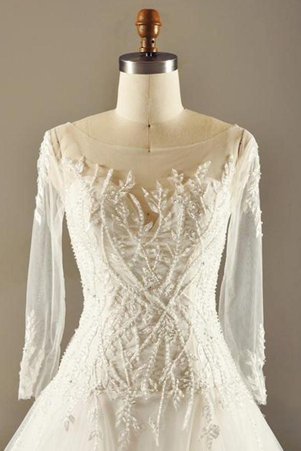 A-Line Long Sleeve Waist Lace Beaded Wedding Dress Court Train TN0099 - Tirdress
