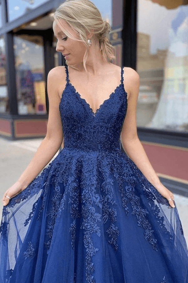 A-Line Navy Blue Tulle Lace Long Prom Dress Evening Dress TP0982 - Tirdress