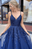 A-Line Navy Blue Tulle Lace Long Prom Dress Evening Dress TP0982 - Tirdress