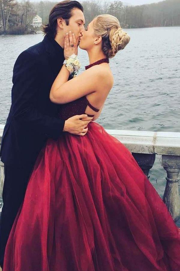 A-Line Round Neck Floor-Length Burgundy Tulle Prom Dress with Beading PG490 - Tirdress