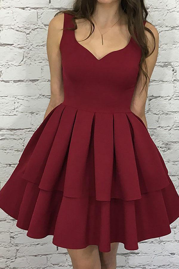 A-Line Scoop Short Burgundy Tiered Elastic Satin Homecoming Dress PG193 - Tirdress