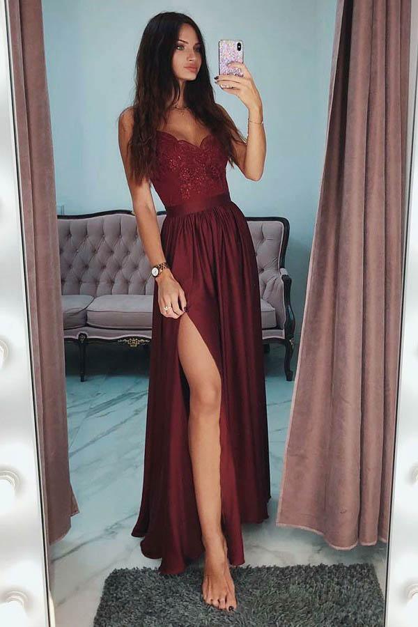 A-Line Spaghetti Straps Long Burgundy Prom Party Dress with Lace Sequins TP0913 - Tirdress