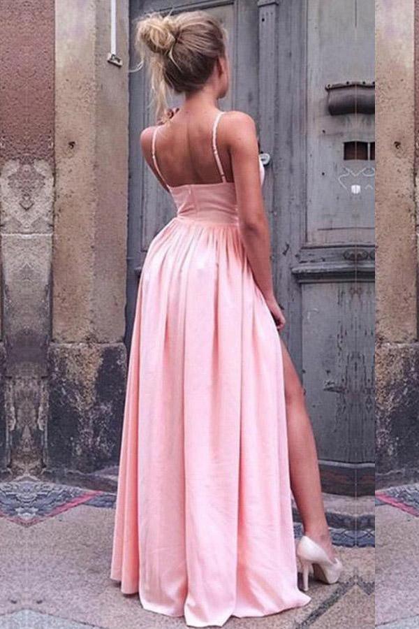 A-Line Spaghetti Straps Pink Pleated Prom Dress with High Split PG461 - Tirdress