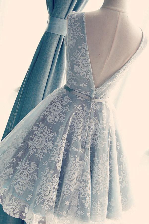 A-Line V-Neck Backless Light Blue Lace Homecoming Dress with Belt PG103 - Tirdress