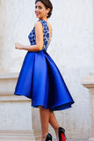 A-Line V-Neck Backless Short Royal Blue Satin Homecoming Dress with Lace PG158 - Tirdress