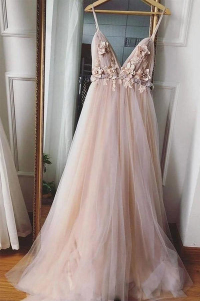 V-neck Appliques and 3D Flowers Lace Tulle Prom Dress
