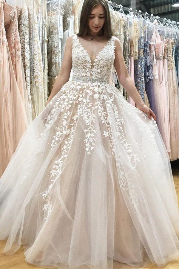 A-Line V-Neck Long Tulle Wedding Dress with Beading Appliques WD080 - Tirdress