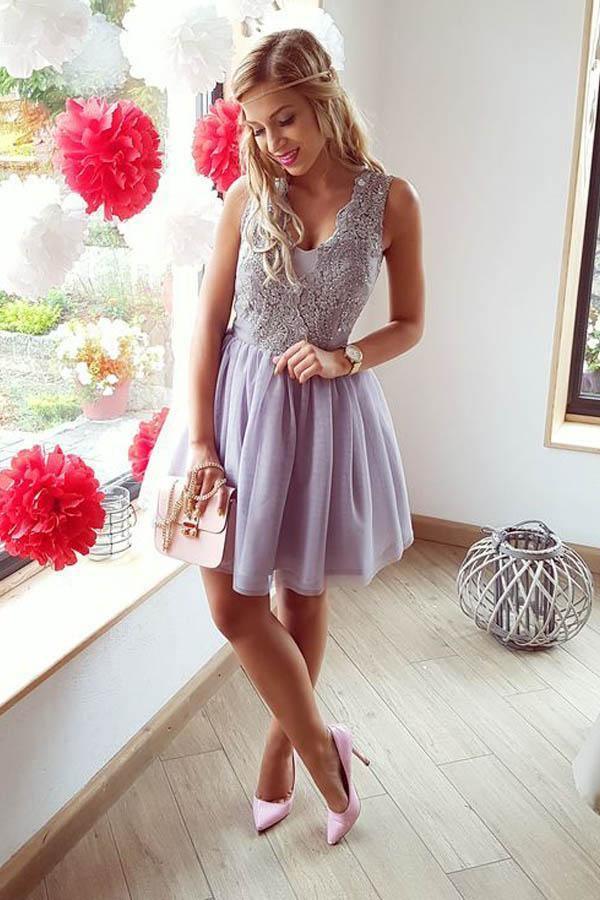 A-Line V-Neck Short Lilac Tulle Homecoming Dress with Lace PG194 - Tirdress