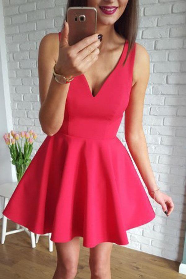 A-Line V-Neck Sleeveless Short Red Satin Homecoming Dress PG156 - Tirdress