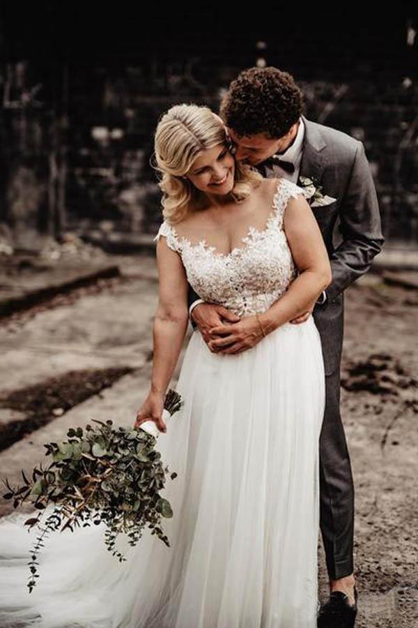 A-Line Wedding Gown with Illusion Neck With Back Lace Appliqued TN220 - Tirdress