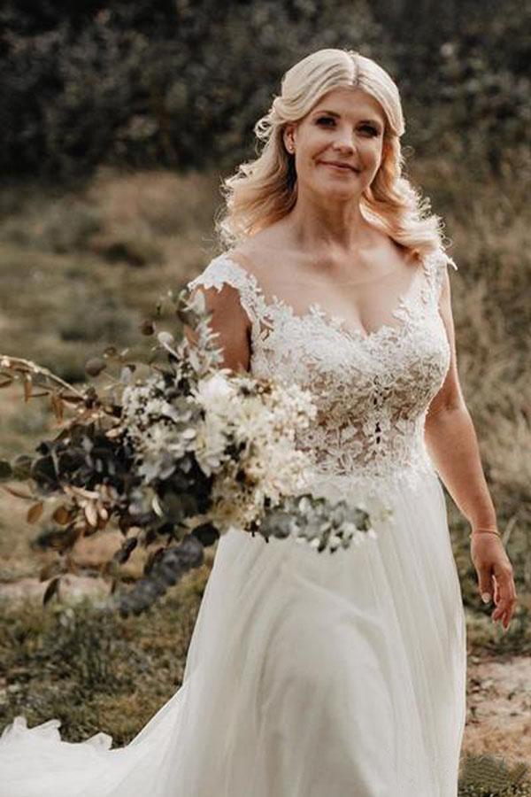 A-Line Wedding Gown with Illusion Neck With Back Lace Appliqued TN220 - Tirdress