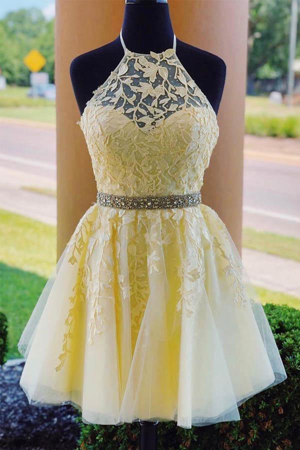 A-line Elegant Tulle Yellow High Neck Homecoming Dresses US4 / Yellow