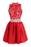 A-line High Neck Knee Length Satin Homecoming Dress With Lace TR0153 - Tirdress