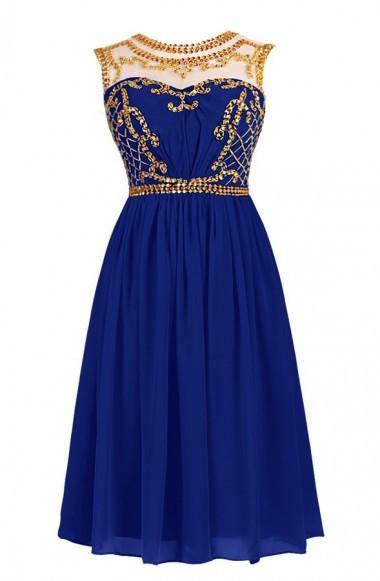 A-line Knee Length Chiffon Royal Blue Homecoming Dress With Beading TR0131 - Tirdress