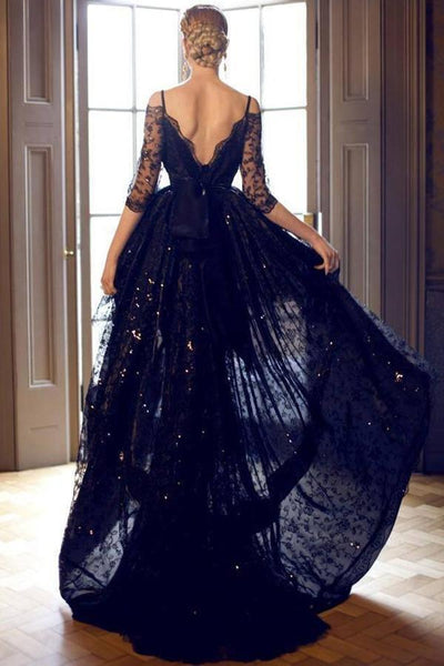 A-line Straps Lace High-low Black Homecoming Dress With Half Sleeves US2 / As Picture A-line Straps Lace High-low Black Homecoming Dress With Half Sleeves US2 / As Picture