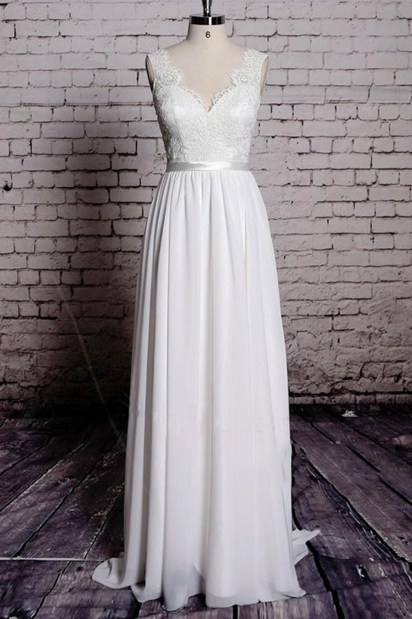 A-line Lace V-Neck Backless Sheath Long Wedding Dress WD058 - Tirdress