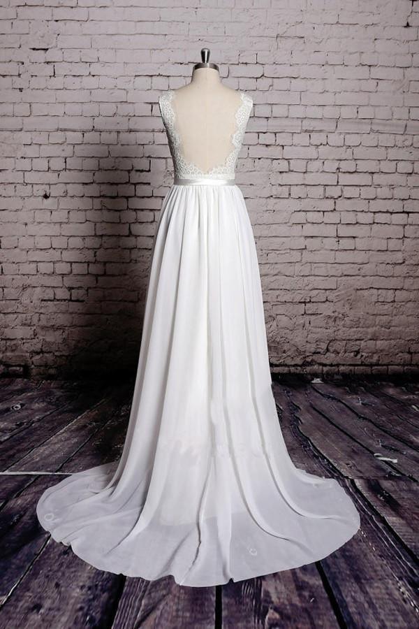 A-line Lace V-Neck Backless Sheath Long Wedding Dress WD058 - Tirdress