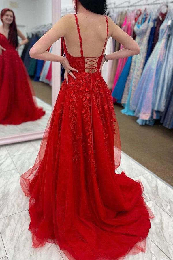 A-line V Neck Red Lace Applique Long Prom Dress Formal Dress TP1098 - Tirdress