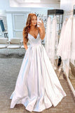 A-line Silver V Neck Satin Long Prom Dress Evening Dress TP1025 - Tirdress