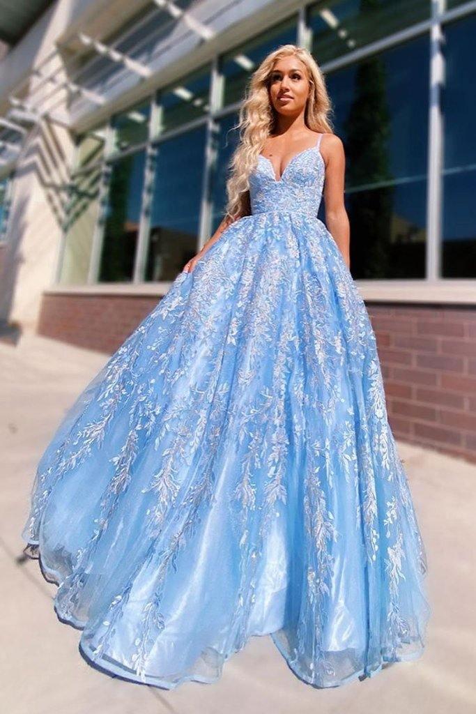 A line Straps Lace Sky Blue Long Prom Dresses Evening Dresses