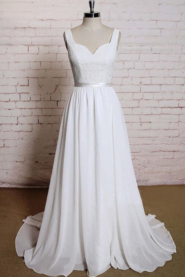 A-line Straps Court Train Chiffon Appliques Backless Wedding Dresses WD172 - Tirdress