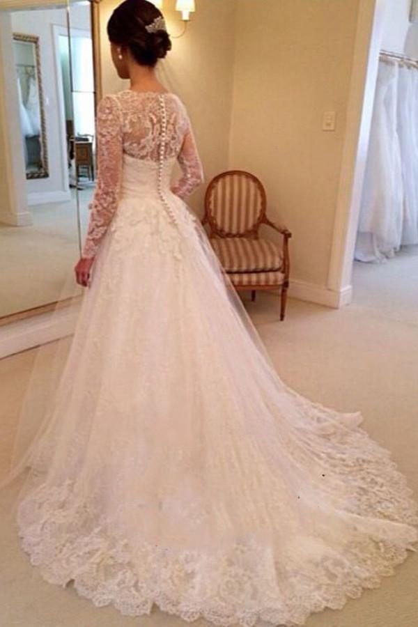 A-line V-neck Long Sleeves Court Train Wedding Dress With Appliques WD062 - Tirdress