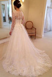 A-line V-neck Long Sleeves Court Train Wedding Dress With Appliques WD062 - Tirdress