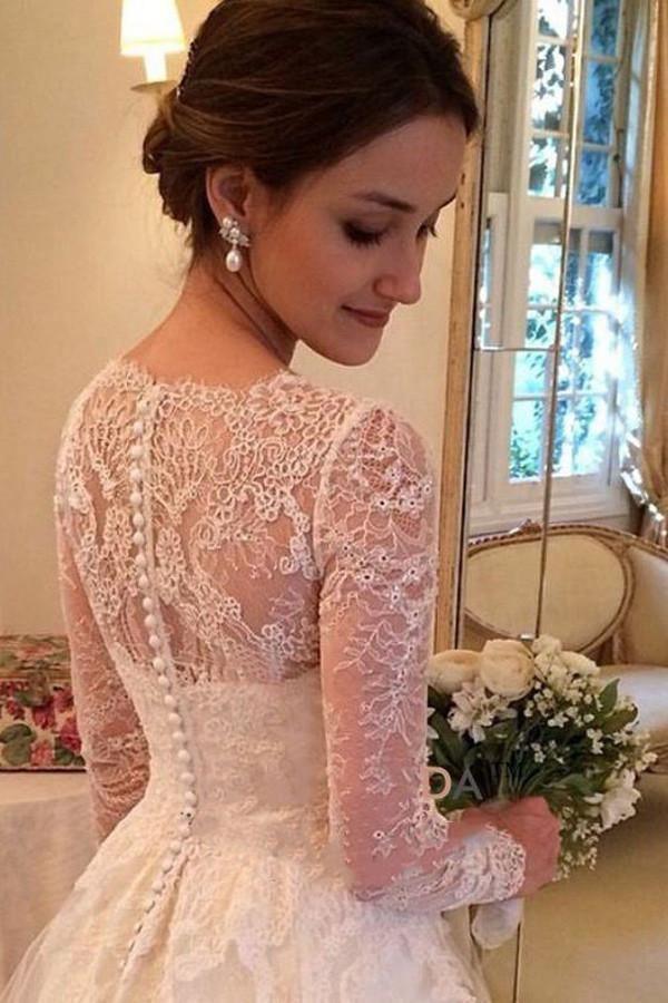 A-line V-neck Long Sleeves Court Train Wedding Dress With Appliques WD062 - Tirdress